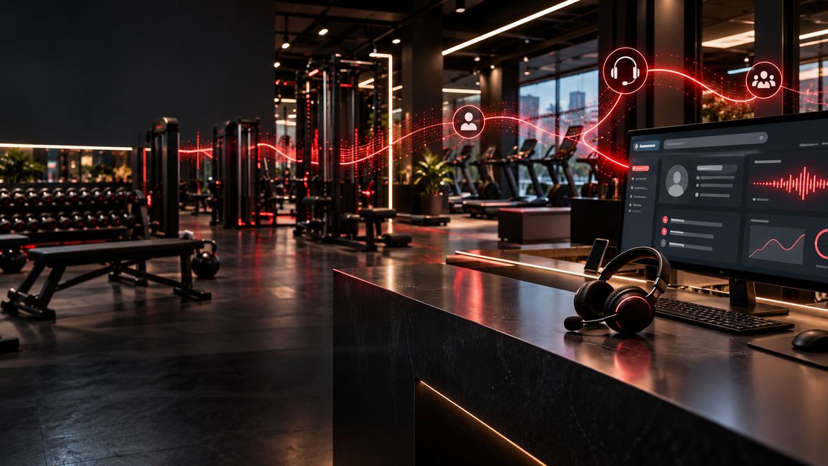 Modern gym with a reception desk, headset and screen showing a voice waveform