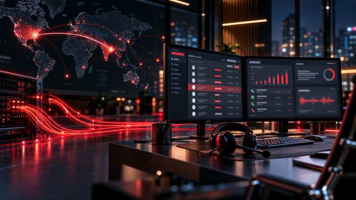 Operations desk with dual monitors and a headset beside a world map showing connections between the US and India