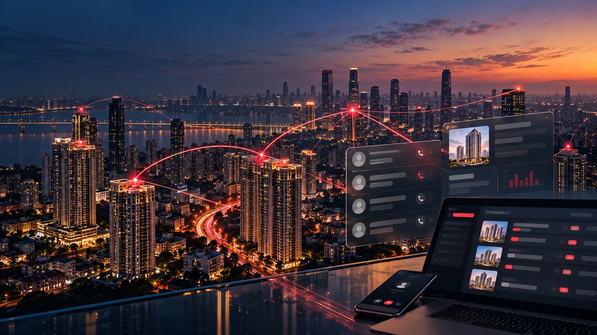 Illuminated residential towers across a city skyline at dusk, connected by red network lines